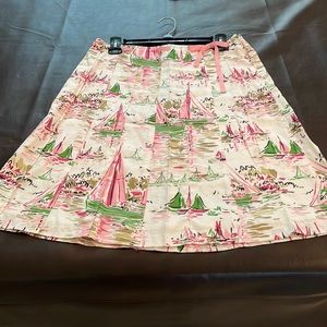 J. Crew skirt with boat print. Pink belt with bow.